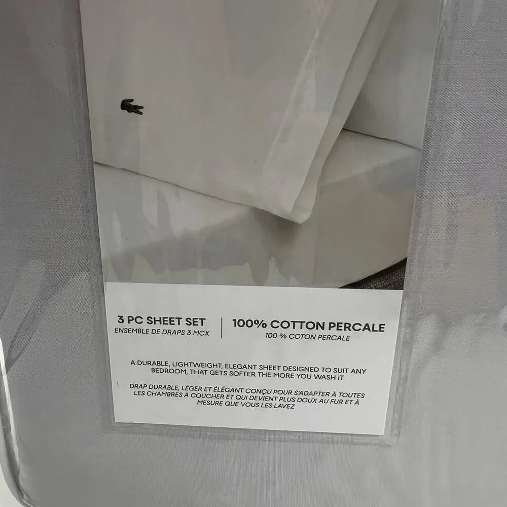 LACOSTE Solid Grey 100% Cotton Percale Twin Sheet Set NWT